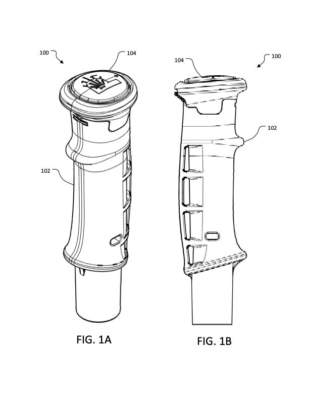 Technical drawings of the Pepper Poles handle, showing front and side views. The ergonomic grip is designed for comfort, with an integrated cap that conceals a discreet pepper spray canister for quick self-defense access.