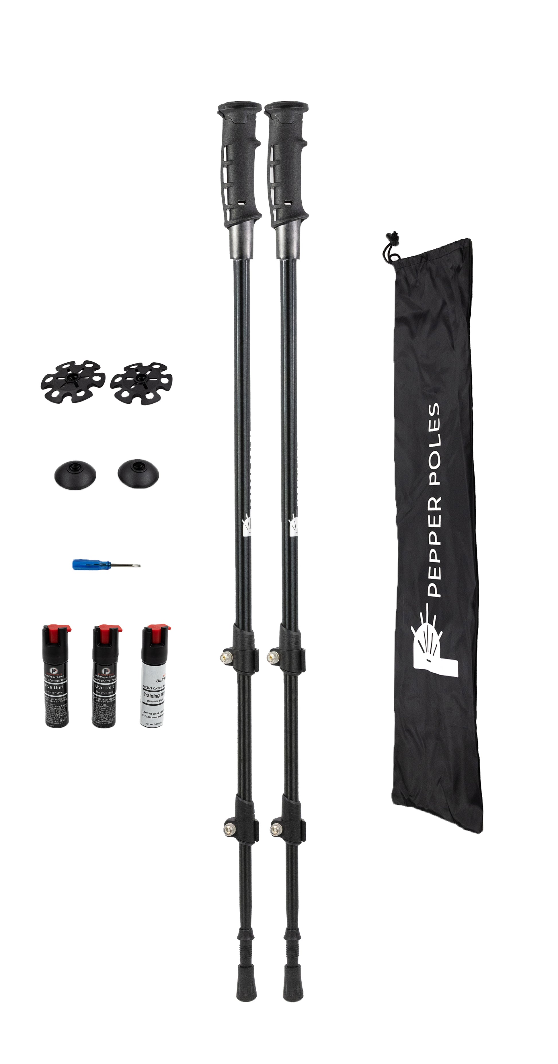 A complete Pepper Poles hiking set displayed against a white background. The set includes a pair of black, adjustable trekking poles with ergonomic grips that discreetly house built-in pepper spray canisters. Also included are three pepper spray canisters (two live units and one training unit), interchangeable trekking baskets and rubber feet for different terrains, a small screwdriver for adjustments, and a black carrying bag with the Pepper Poles logo. This kit offers both stability and personal safety.