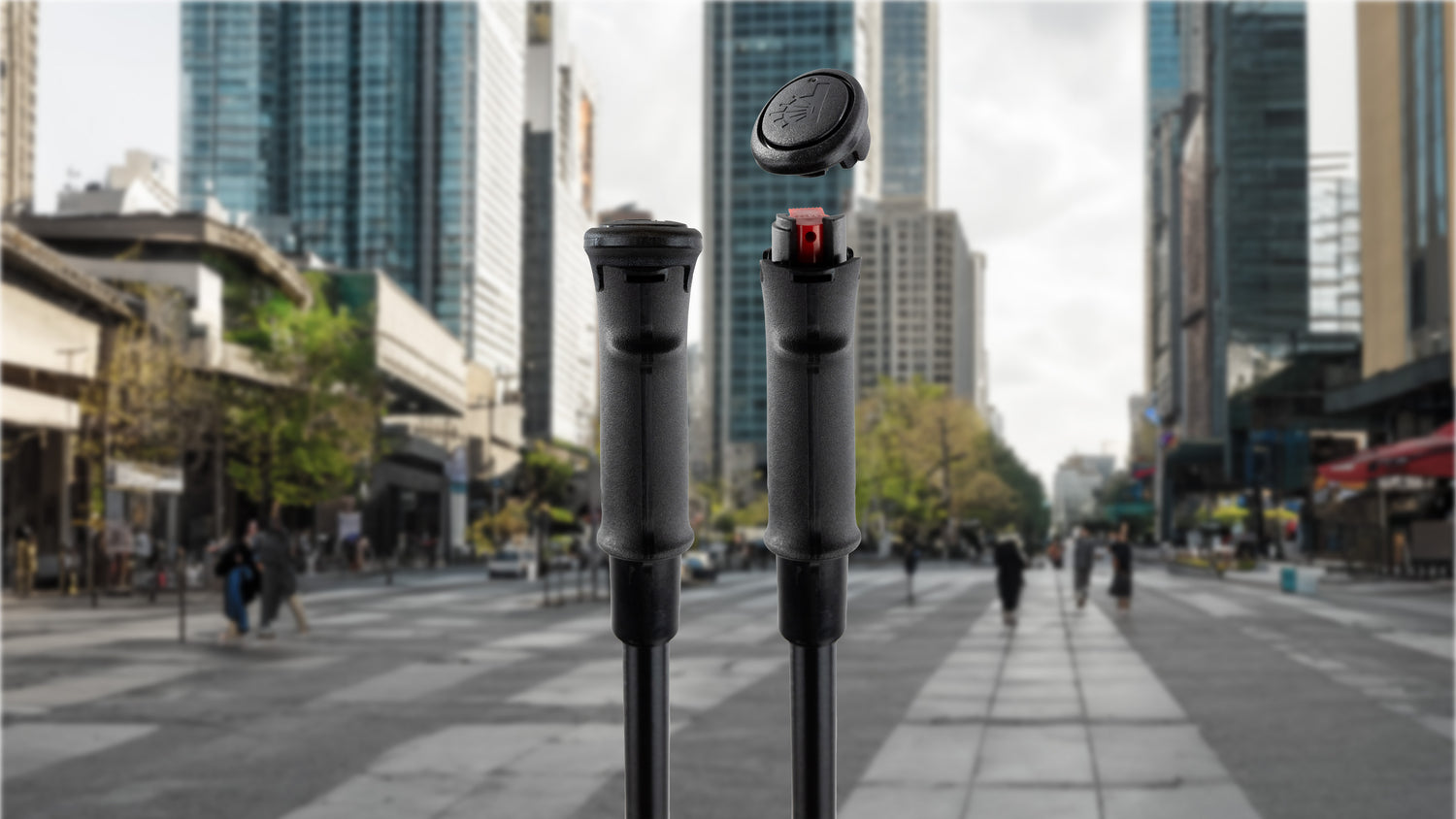 "Pepper Poles - A set of hiking poles with innovative handles for self-defense. The cityscape backdrop contrasts with the product, highlighting its urban and outdoor versatility."